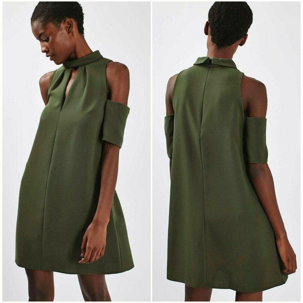 Topshop Green Cold Shoulder Funnel Dress 4